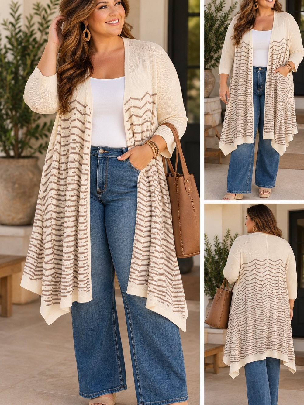 Catherines Cream and Taupe Chevron Duster Cardigan